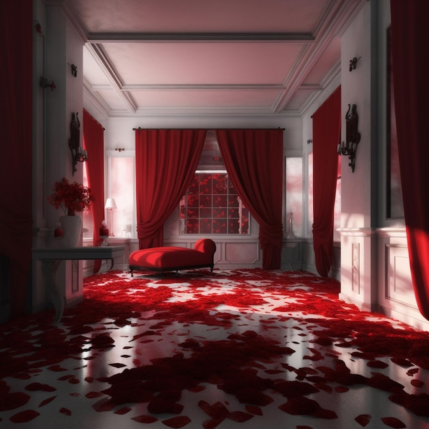 Quarto Arafed com cortinas vermelhas e uma cama vermelha no meio generativo ai