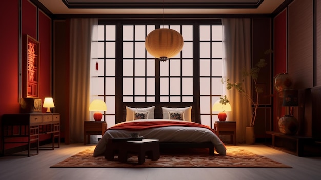 quarto arrafado com uma cama e uma lâmpada na frente de uma janela ai generativa