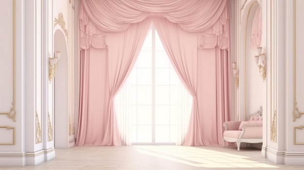 quarto arrafado com uma cortina rosa e um sofá branco generativo ai