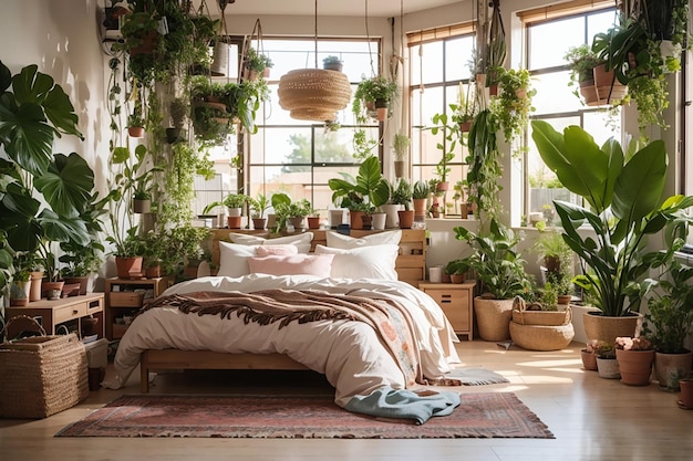 Quarto boho moderno com muitas plantas, cama aconchegante e vista para o jardim