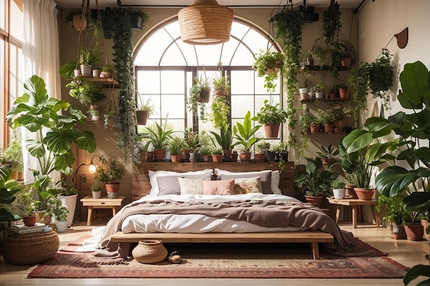 Quarto boho moderno com muitas plantas, cama aconchegante e vista para o jardim