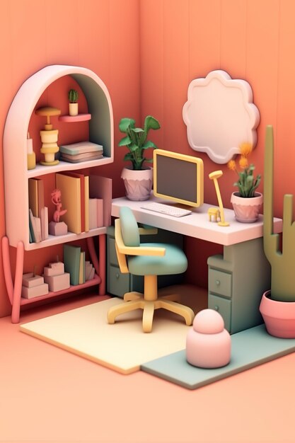 Quarto bonito com estilo de renderização 3D de área de trabalho Ilustração gerada por IA