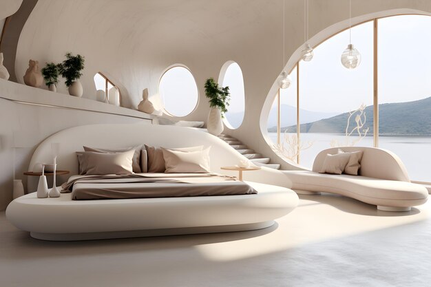 quarto branco aberto com um sofá no estilo de formas orgânicas tons beige silenciados ai gerar