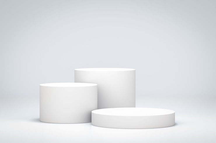 Foto quarto branco com pano de fundo em pé da prateleira do produto em branco. pódio vazio ou display de pedestal com conceito de suporte de cilindro. ilustração 3d.