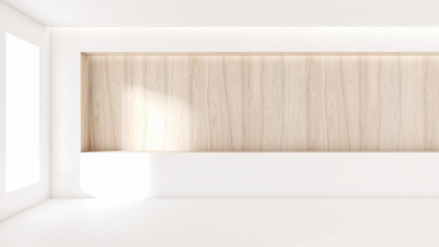 Quarto branco design de interiores moldura de fundo de madeira estilo minimalista para colocar produtos e produtos sob o conceito de design simples para colocar o produto renderização em 3d