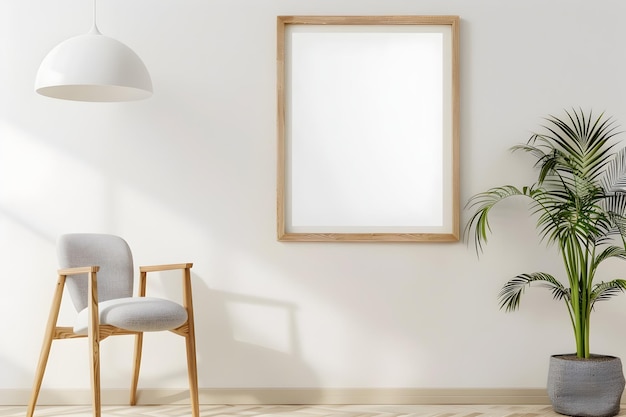 Quarto branco minimalista com moldura e cadeira em branco