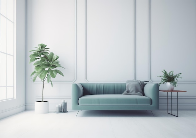 quarto branco moderno com planta verde e sofá azul escuro fundo minimalista