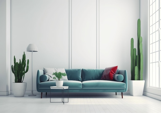 quarto branco moderno com planta verde e sofá azul escuro fundo minimalista