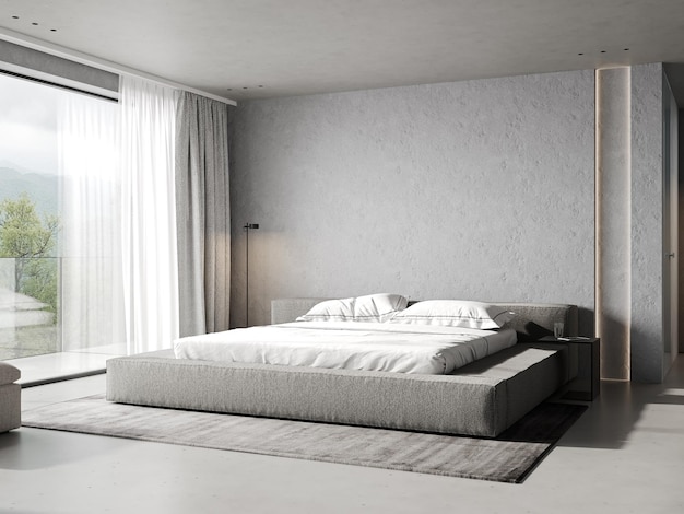 Quarto brilhante de luxo design moderno cama cinza e elegantes acessórios para casa no fundo da parede de concreto renderização 3d