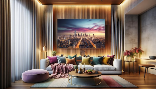 Quarto chique com TV City Skyline