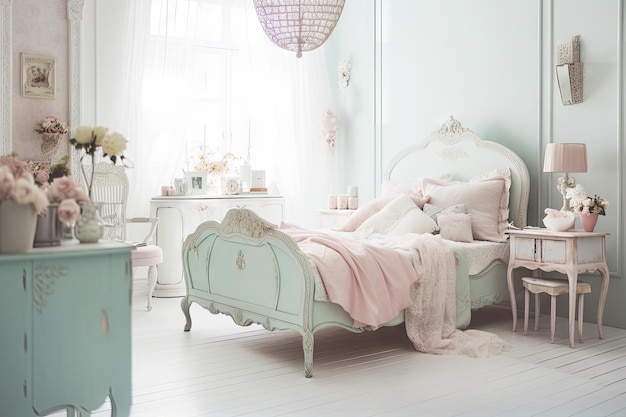 Quarto chique gasto com cama vintage e cores pastel suaves