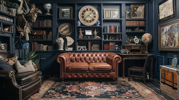 Quarto clássico vintage com sofá de couro elegante e antiguidades decorativas