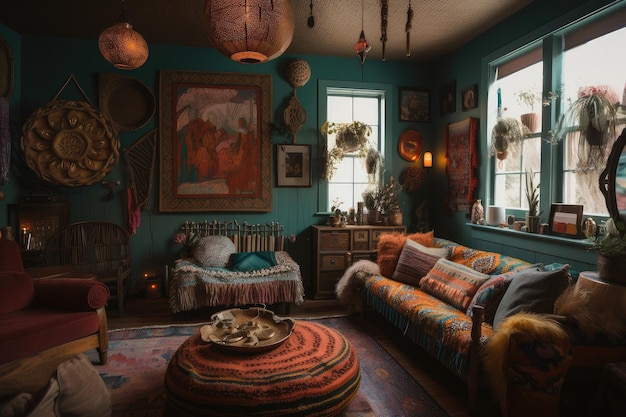 Foto quarto colorido repleto de decoração boêmia e toques vintage