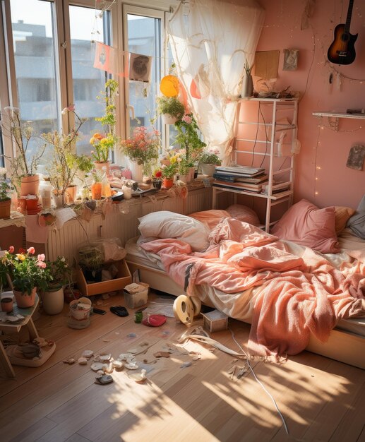 Quarto com cama e plantas abundantes