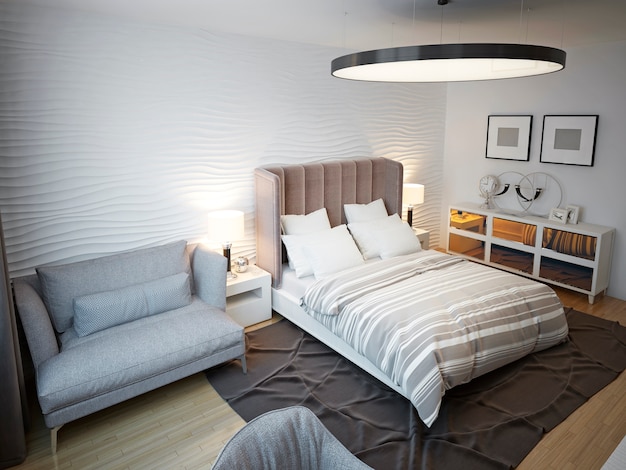Quarto com design contemporâneo e espaçoso.