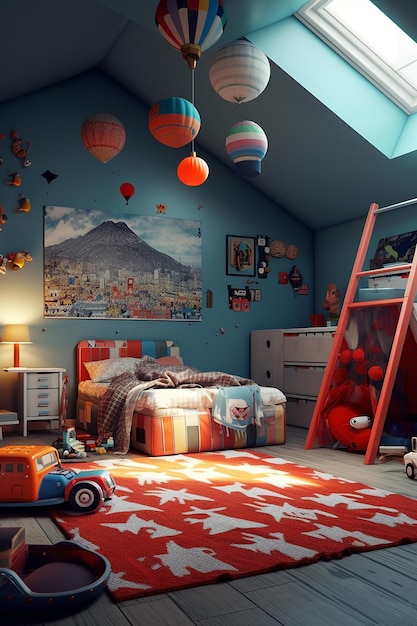 Quarto com escada e cama com tapete azul e laranja.