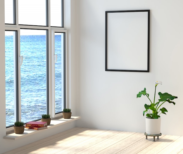 Quarto com grandes janelas com vista para o mar. Livros e flores em um quarto elegante e brilhante na praia.