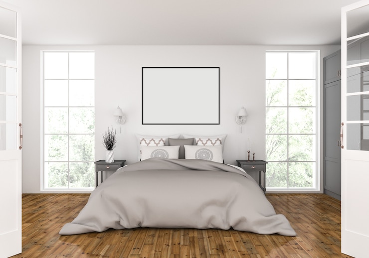 Foto quarto com maquete de quadro horizontal vazio