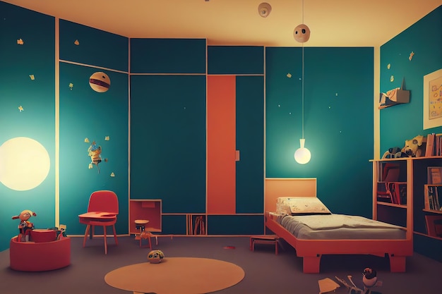 Quarto com paredes azuis uma cama uma mesa e brinquedos espalhados no chão sob a luz de uma lâmpada ilustração 3d