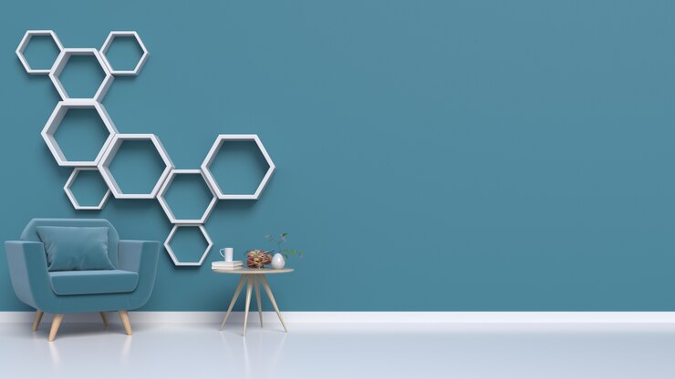 Foto quarto com poltronas e rack hexagonal montado na parede escura