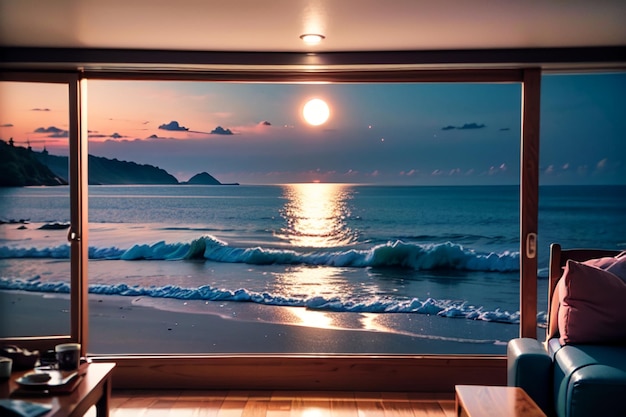 Quarto com vista para o mar e sol se pondo na parede