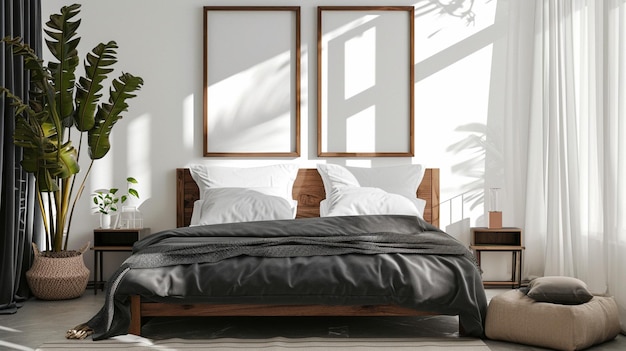 Quarto confortável com duas molduras de madeira modelo de design cama escura em fundo branco AI Generative