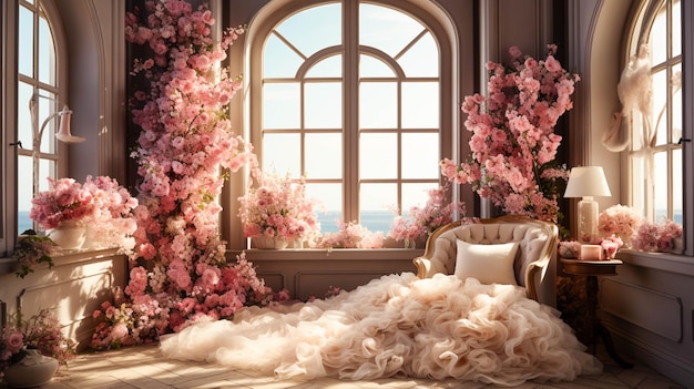 Quarto da noiva com uma cadeira e uma janela com flores decoração de casamento