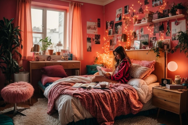 Quarto de adolescente e mesa de trabalho decorada com móveis de quarto