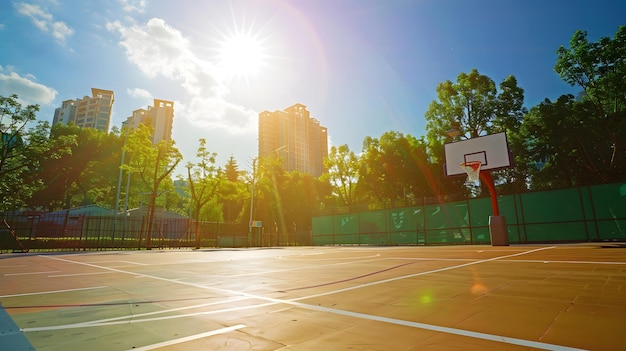 Foto quarto de basquete vazio e iluminado pelo sol no parque da cidade em um dia quente e ensolarado sob o céu azul do zênite br ia generativa