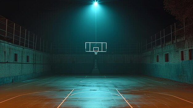 Quarto de basquetebol à noite com uma única luz acesa