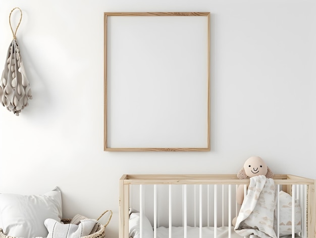 Foto quarto de bebê com molduras e brinquedos minimalistas