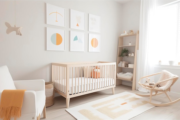 Quarto de berçário minimalista moderno em estilo escandinavo Interior de quarto de bebê em cores claras Imagem gerada por IA