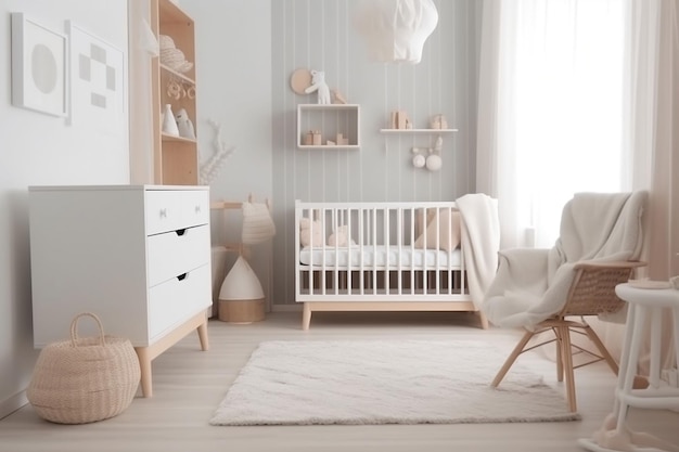 Quarto de berçário minimalista moderno em estilo escandinavo Interior de quarto de bebê em cores claras