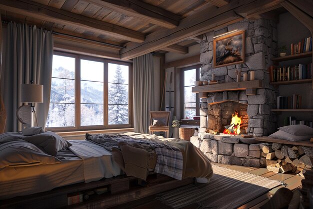 Foto quarto de cabana de montanha rústica com lareira aconchegante