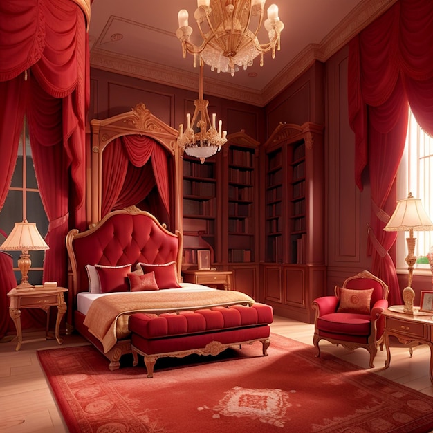 quarto de cama com sala vermelha