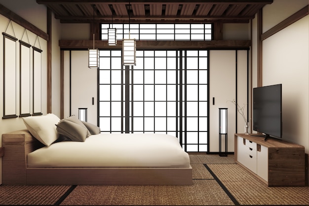 Quarto de cama, interior de quarto de cama japonesa tem lâmpada e TV inteligente. Renderização 3D