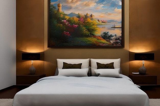 Quarto de cama para pinturas recém-casadas na parede acima das paredes artísticas da cama