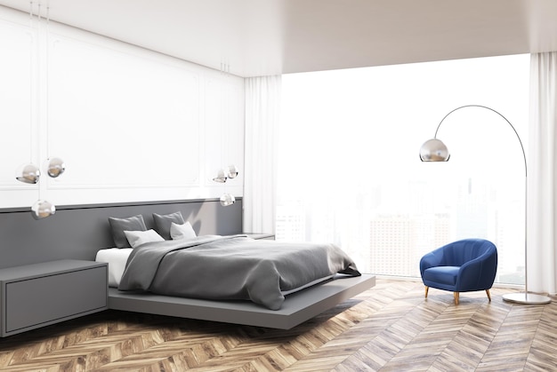 Quarto de canto branco com piso de madeira, cama master com duas mesas de cabeceira e janela panorâmica. simulação de renderização 3D