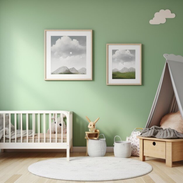 Foto quarto de creche para crianças em cores verdes claras