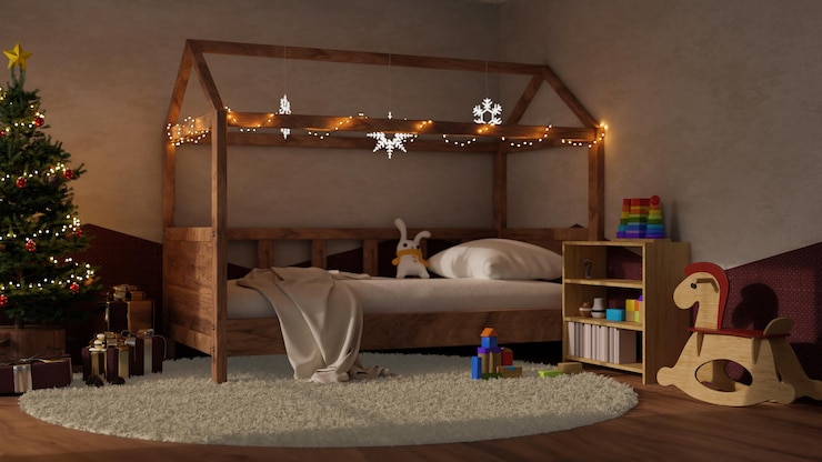 Foto quarto de criança confortável e aconchegante no design de interiores do tema da noite de natal com cama confortável