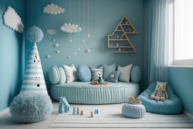 Quarto de criança moderno azul claro com grande decoração elegante de sofá macio e brinquedos criados com ai generativa