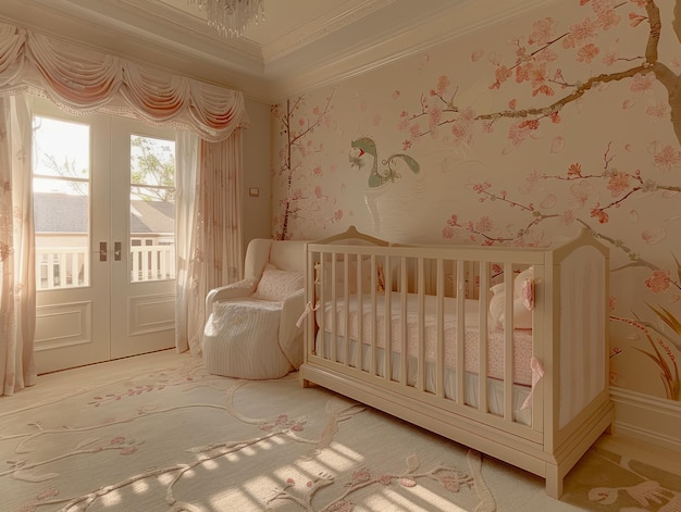 Foto quarto de criança sereno com berço elegante e papel de parede inspirado na natureza na suave luz da manhã