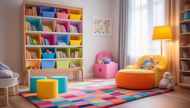 Quarto de crianças com uma estante de livros de tapete colorido com caixas de armazenamento coloridas, uma cadeira e uma lâmpada de chão