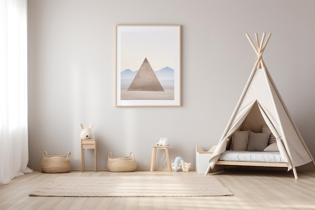 Quarto de crianças minimalista com uma arte de pirâmide emoldurada em teepee e cestas tecidas