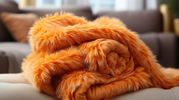 Quarto de dormir aconchegante amarelo com cobertor de tricô conforto calor e luz inverno