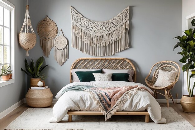 Foto quarto de dormir bohochic com telas de parede de macrame e uma moldura de cama de rattan