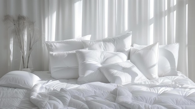 Quarto de dormir brilhante e arejado com roupa de cama branca e cortinas transparentes decoração de quarto pacífico e design perfeito para interiores de casa revista AI