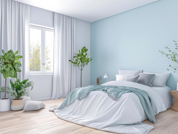 Quarto de dormir com decoração minimalista e mobiliário minimalista em tons pastel suaves Composição de design de interiores