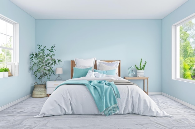 Quarto de dormir com decoração minimalista e mobiliário minimalista em tons pastel suaves Composição de design de interiores