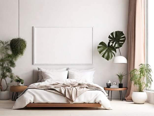 Foto quarto de dormir com interior moderno flores em banquinho de madeira e pouf em fundo branco com moldura de cartaz